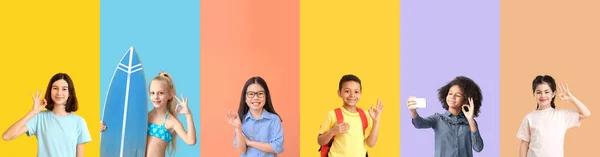 Renk Arkaplanında Iyi Niyet Göstergesi Gösteren Çocuk Kolajı — Stok fotoğraf