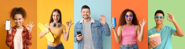 Group Young People Showing Gesture Color Background — Stock Photo, Image