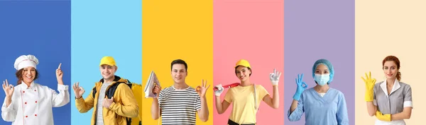 Collage Junger Menschen Mit Geste Auf Farbigem Hintergrund — Stockfoto