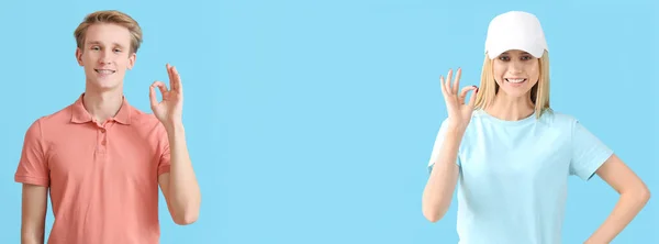 Young Man Woman Showing Gesture Light Blue Background Banner Design — Stock Photo, Image