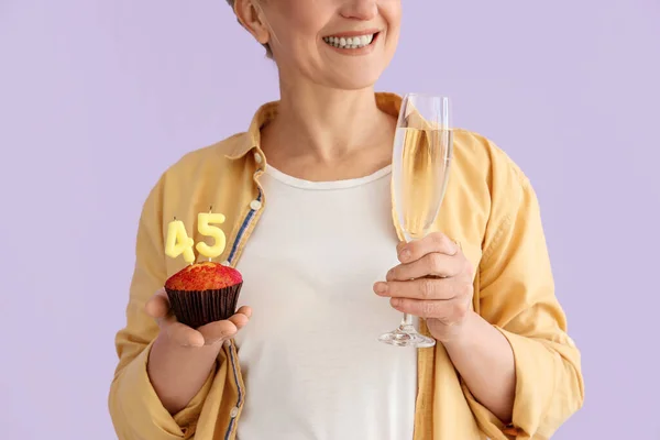 Mature Woman Birthday Muffin Glass Champagne Lilac Background Closeup — Stock Photo, Image