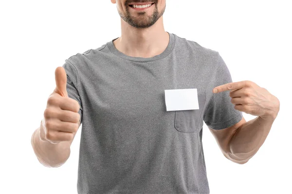 Young Man Blank Badge Showing Thumb White Background Closeup — Stock Photo, Image
