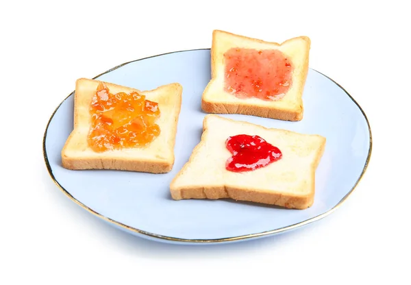 Plate Toasts Delicious Jam White Background — Stock Photo, Image