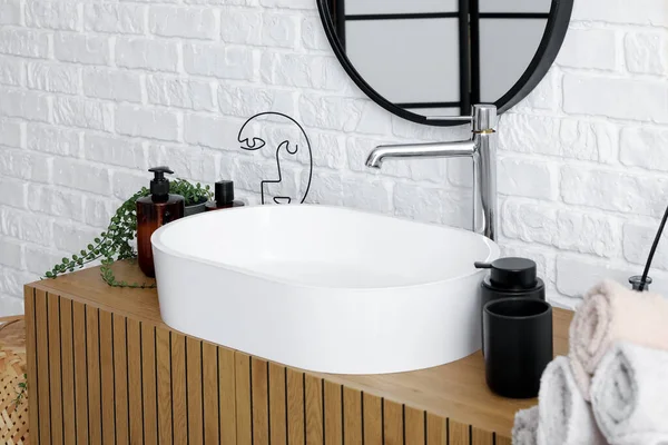 Wooden Cabinet Sink Bowl Bath Accessories Mirror Interior Bathroom — Stock Photo, Image