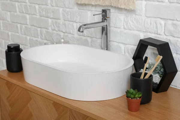 Sink Bowl Bath Accessories Wooden Cabinet Bathroom — Stock Photo, Image