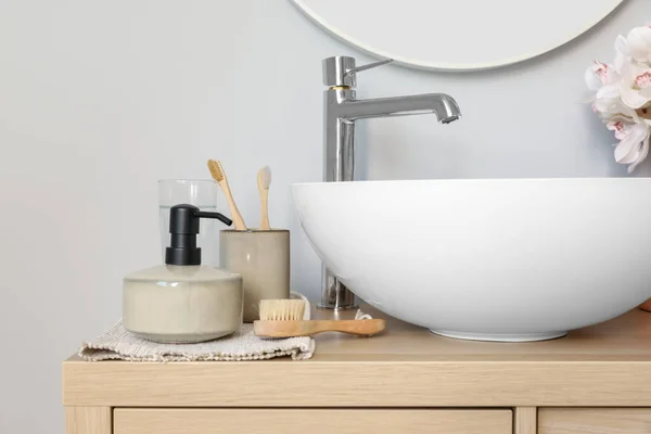 Sink Bowl Bath Accessories Wooden Cabinet Bathroom — Stock Photo, Image