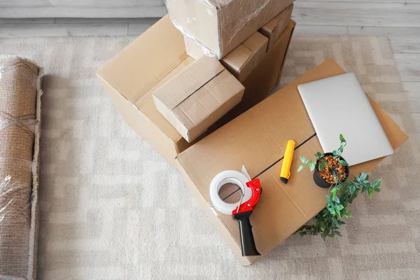 Cardboard Boxes Adhesive Tape Houseplant Laptop Living Room Moving Day — Stock Photo, Image