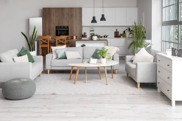 Interior Light Open Space Kitchen Cozy Grey Sofas Coffee Table — Stock Photo, Image