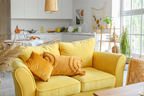 Stylish Yellow Sofa Interior Light Open Space Kitchen — Stock Photo, Image