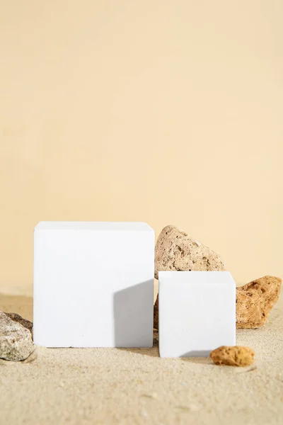 Decorative Plaster Podiums Stones Sand Beige Background — Stock Photo, Image
