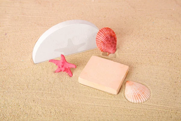 Decorative Plaster Podiums Seashells Starfish Sand — Stock Photo, Image
