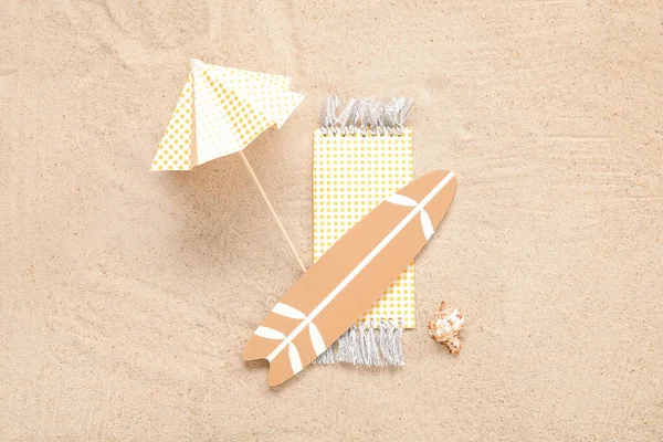 Creative Composition Mini Surfboard Umbrella Blanket Sand — Stock Photo, Image