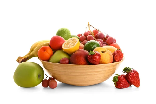 Tigela Com Diferentes Frutas Frescas Fundo Branco — Fotografia de Stock