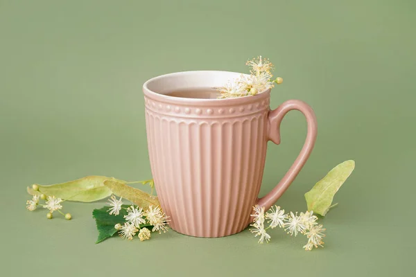 Cup Linden Tea Green Background — Stock Photo, Image