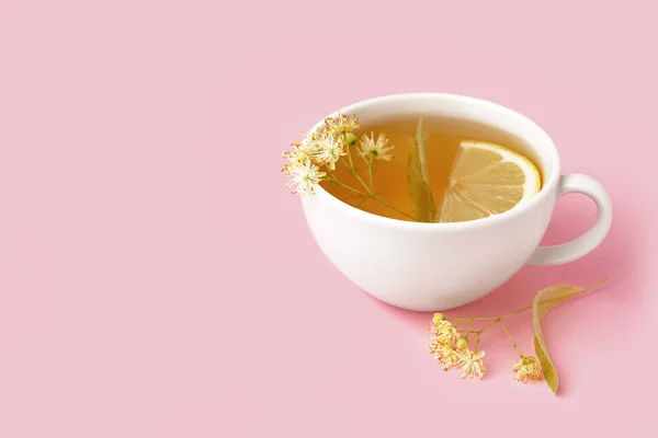 Cup Linden Tea Lemon Pink Background — Stock Photo, Image