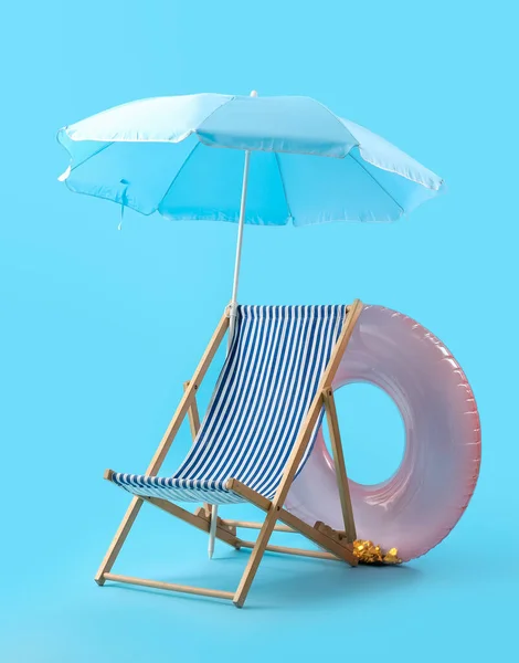 Deckchair Umbrella Inflatable Ring Blue Background Summer Vacation Concept — Stock Photo, Image