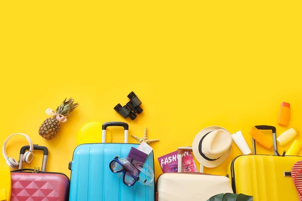 Suitcases Travel Set Beach Accessories Yellow Background Summer Vacation Concept — Stock Photo, Image