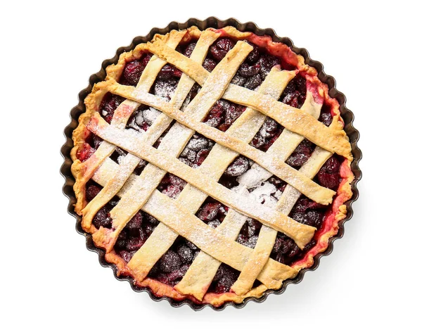 Baking Dish Tasty Cherry Pie White Background — Stock Photo, Image