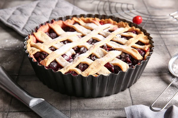 Baking Dish Tasty Cherry Pie Grey Tile Background — Stock Photo, Image