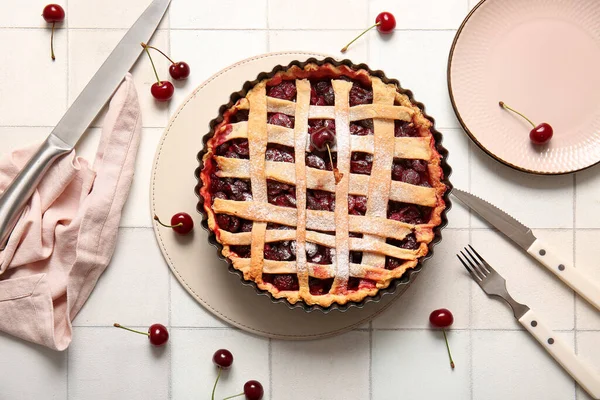 Baking Dish Tasty Cherry Pie White Tile Background — Stock Photo, Image