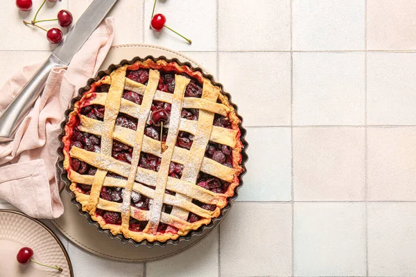 Baking Dish Tasty Cherry Pie White Tile Background — Stock Photo, Image
