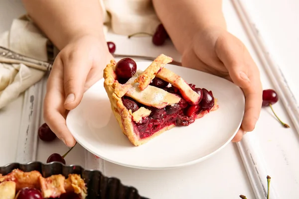 Female Hands Holding Plate Piece Tasty Cherry Pie White Background — Stock Photo, Image
