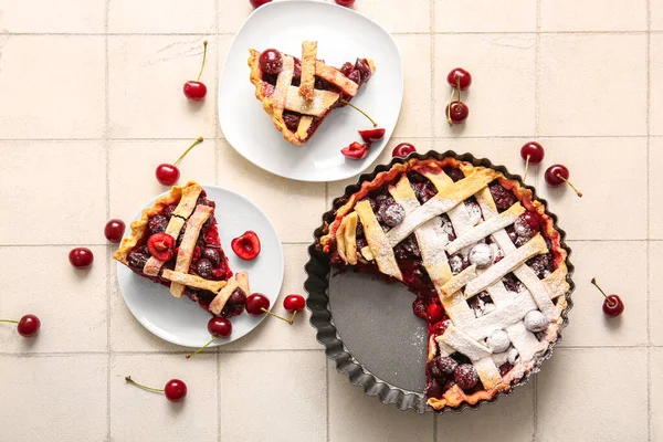 Baking Dish Tasty Cherry Pie Plates Pieces White Tile Background — Stock Photo, Image