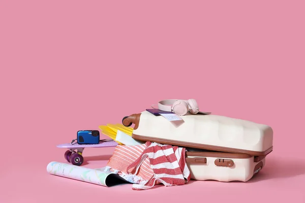 Suitcase Passport Headphones Map Beach Accessories Pink Background Travel Concept — Stock Photo, Image
