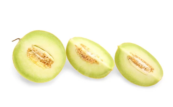Hälften Söt Melon Med Bitar Vit Bakgrund — Stockfoto