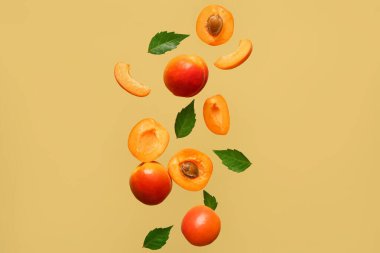 Yeşil arka planda taze kayısılar ve yapraklar uçuşuyor.