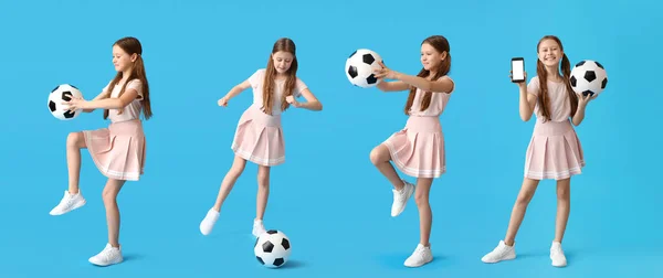 Set Van Kleine Meisje Met Voetbal Lichtblauwe Achtergrond — Stockfoto