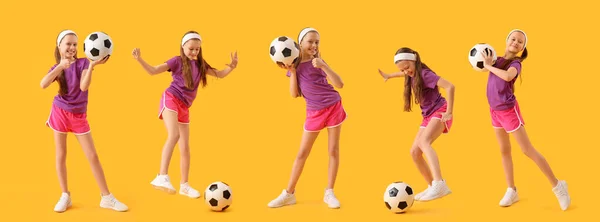 Set Van Klein Meisje Met Voetbal Gele Achtergrond — Stockfoto