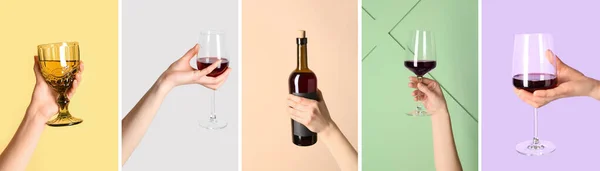 Collage Mani Femminili Possesso Bottiglia Bicchieri Vino Sfondo Colore — Foto Stock