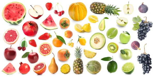 白い背景にジューシーな果物や果実のコラージュ — ストック写真