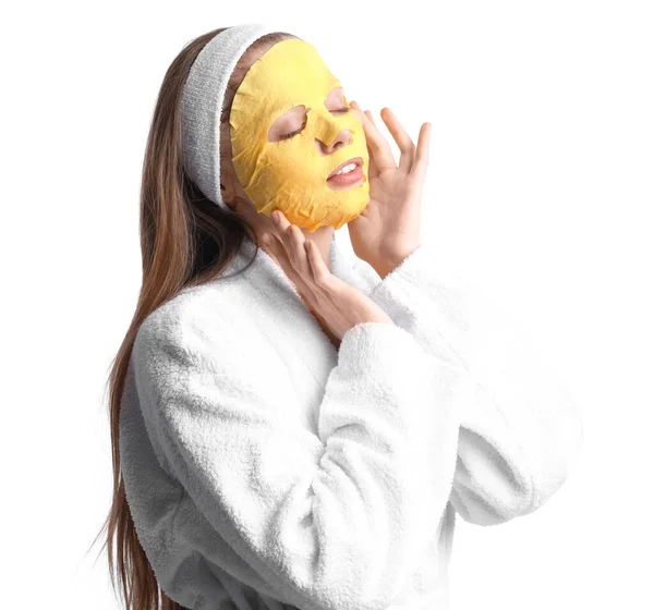 Young Woman Bathrobe Turmeric Mask White Background — Stok Foto