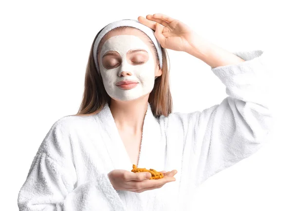 Young Woman Applied Turmeric Mask Roots White Background — Stock Fotó