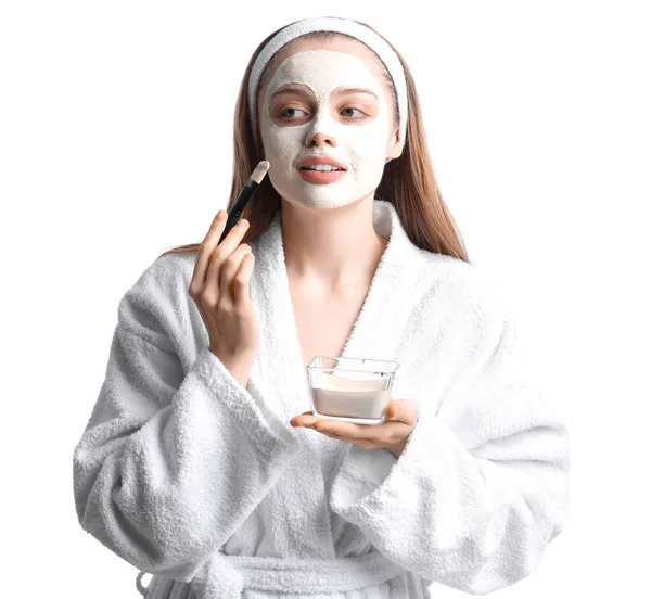 Young Woman Applying Turmeric Mask Brush White Background — Fotografia de Stock