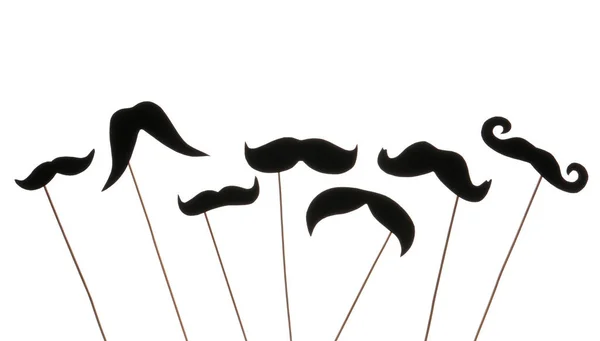 Ensemble Moustaches Papier Sur Bâtons Bois Sur Fond Blanc — Photo