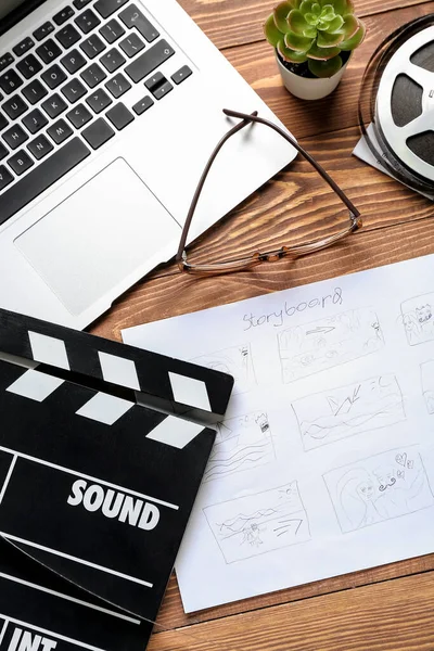 Storyboard Movie Clapper Laptop Eyeglasses Wooden Background — Stock Photo, Image