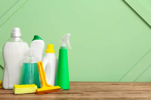Different Cleaning Supplies Wooden Table — Stock Photo, Image