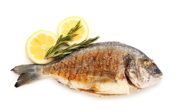 Вкусная Рыба Гриле Лимоном Белом Фоне — стоковое фото