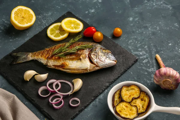 Slate Board Tasty Grilled Dorado Fish Grey Background — Stock Photo, Image