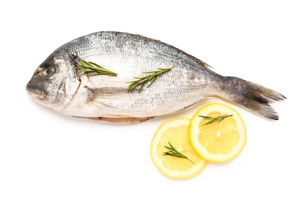 Raw Dorado Fish Lemon White Background — Stock Photo, Image