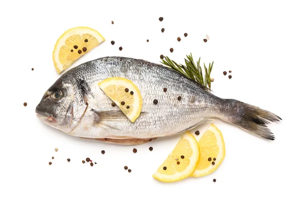 Raw Dorado Fish Lemon White Background — Stock Photo, Image