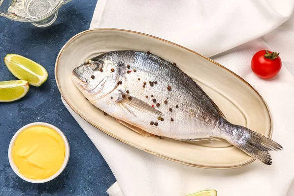 Plate Raw Dorado Fish Lime Sauce Blue Background — Stock Photo, Image
