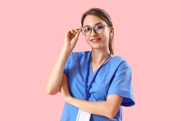 Female Medical Intern Pink Background — Stockfoto