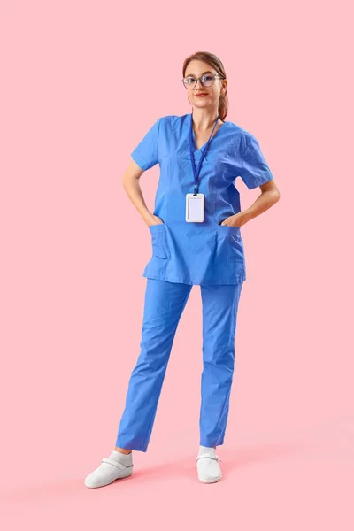 Female Medical Intern Pink Background — Photo