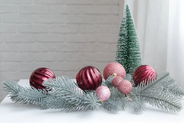 Christmas Balls Fir Branches Tree Table Room Closeup — Stock Photo, Image