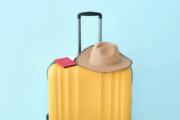 Suitcase Wicker Hat Red Passport Tickets Blue Background Travel Concept — Stock Photo, Image