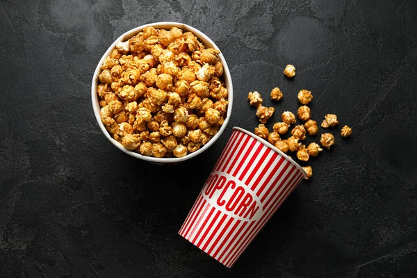 Buckets Tasty Popcorn Black Background — Stock Photo, Image
